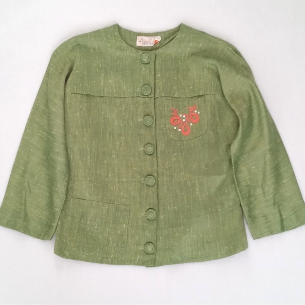 Vintage 40s Tailored Green Linen Jacket 3/4 Sleeves Covered Buttons Floral Decor